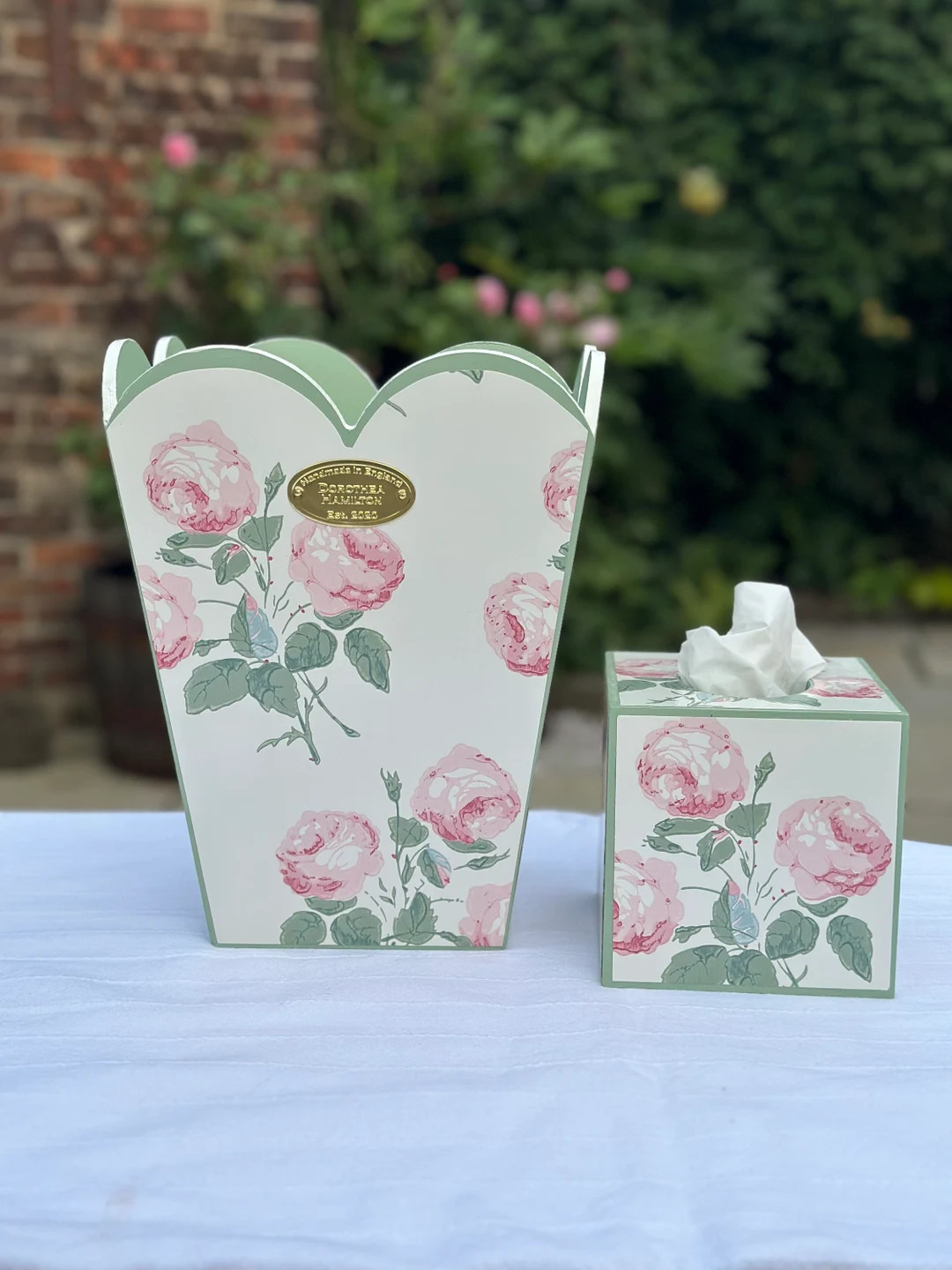 Bowood Roses Pink Leaf Scalloped bin. Handpainted. Shabby Chic Wastepaper basket. Guest room deco... | Etsy (Global)