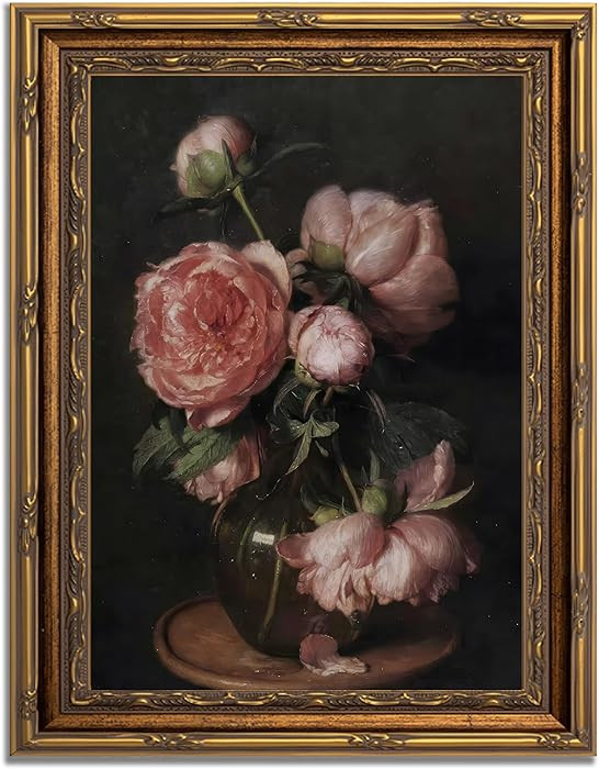 Gold Framed Vintage Dark Floral Canvas Wall Art Moody Flower Picture Wall Decor Retro Pink Peony ... | Amazon (US)