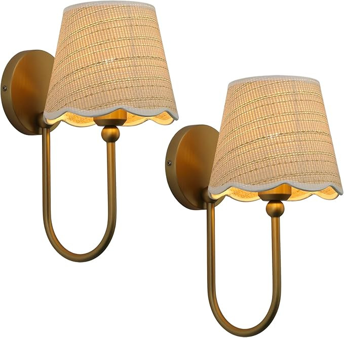 Pathson Hardwired Set of 2 Wall Sconces Boho Rattan Lampshade, Vintage Curved Arm Bathroom Vanity... | Amazon (US)