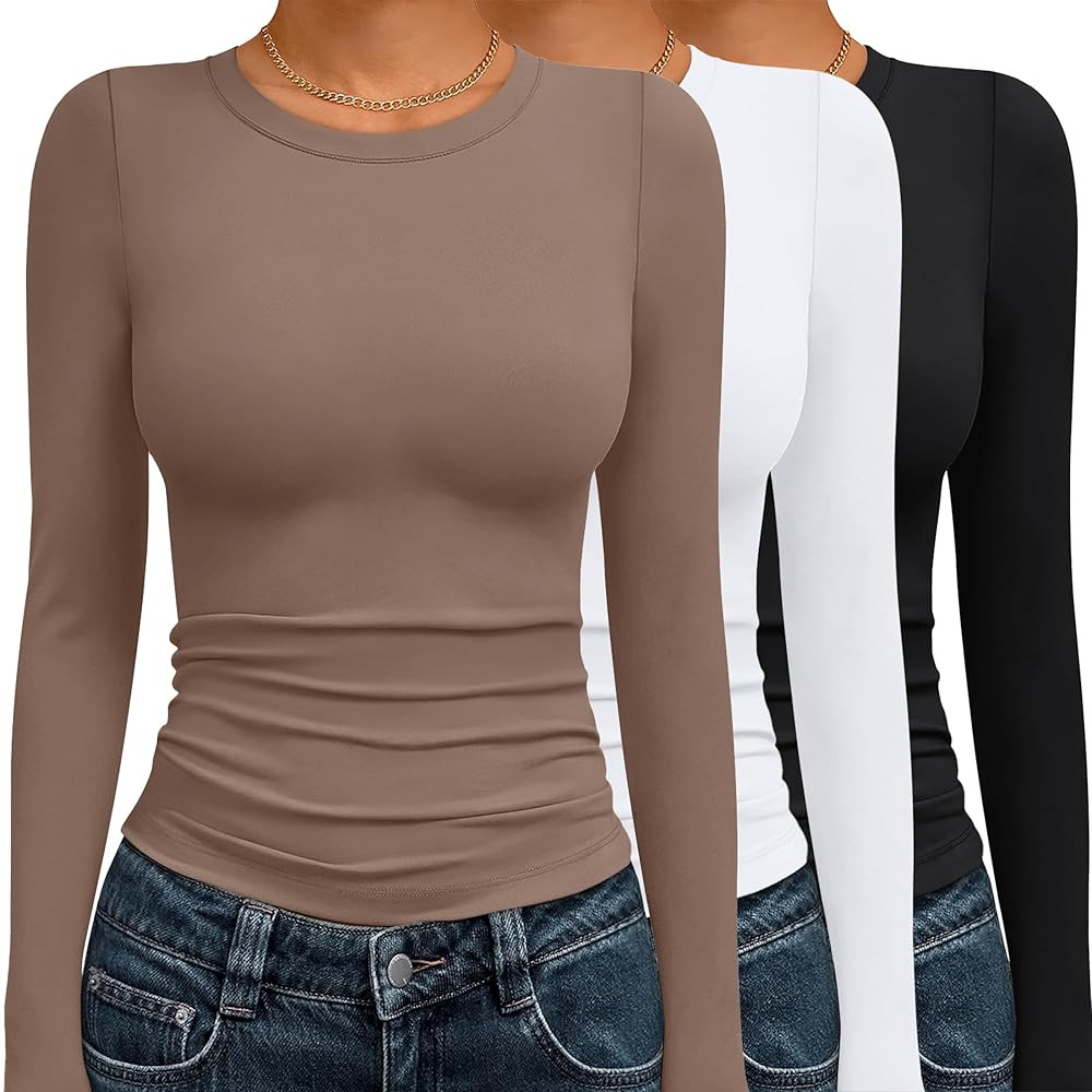 AUTOMET 3 Pack Womens Long Sleeve T Shirts Fall Fashion Basic Going Out Crop Tops Slim Fitted Win... | Amazon (US)