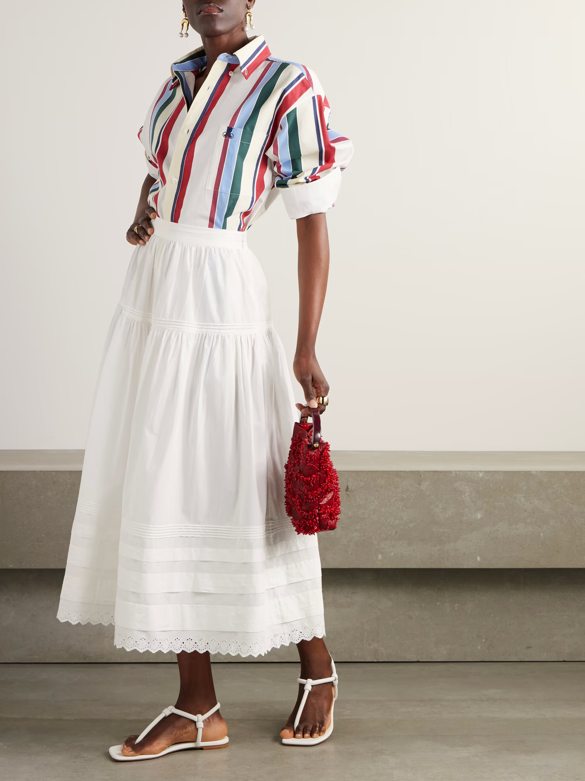 Sebastiane broderie anglaise-trimmed organic cotton-poplin midi skirt | NET-A-PORTER (US)