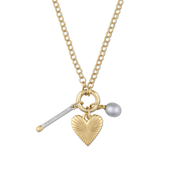 Percy Clip Necklace: Matchstick, Small Ribbed Heart of Gold, Gray Cloud Pearl | HART