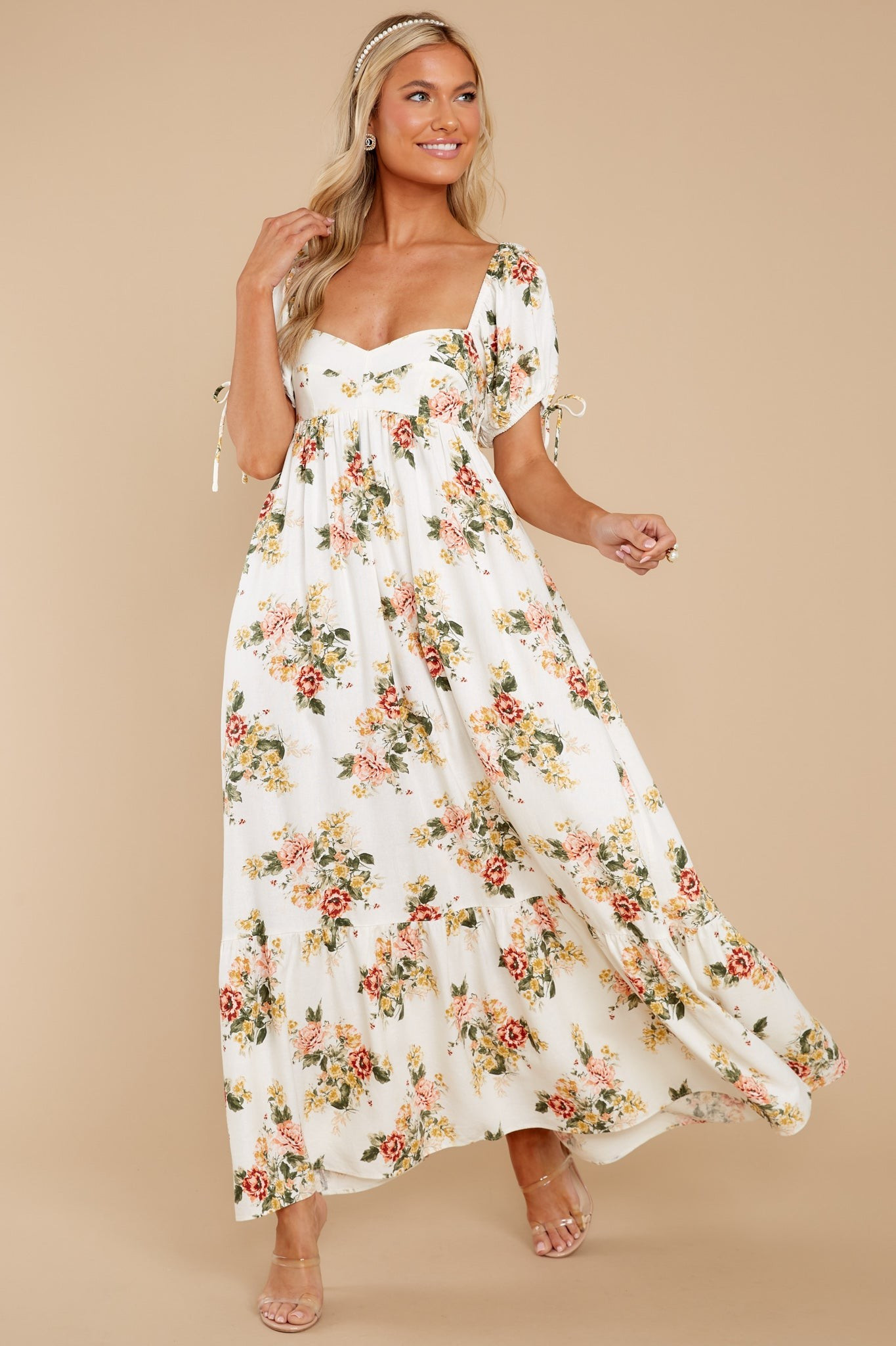 Whimsical Blooms White Floral Print Maxi Dress | Red Dress 