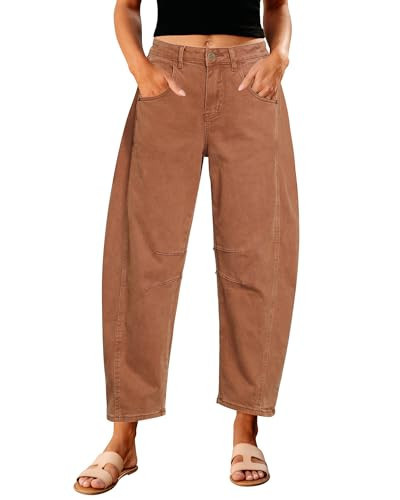 GRAPENT Barrel Jeans for Women Balloon Wide Leg Cropped Trendy Jeans Boyfriend High Waisted Jean Pants Casual Stretchy Summer Denim Trousers Color Caramel Large Size 12 to 14 | Amazon (US)