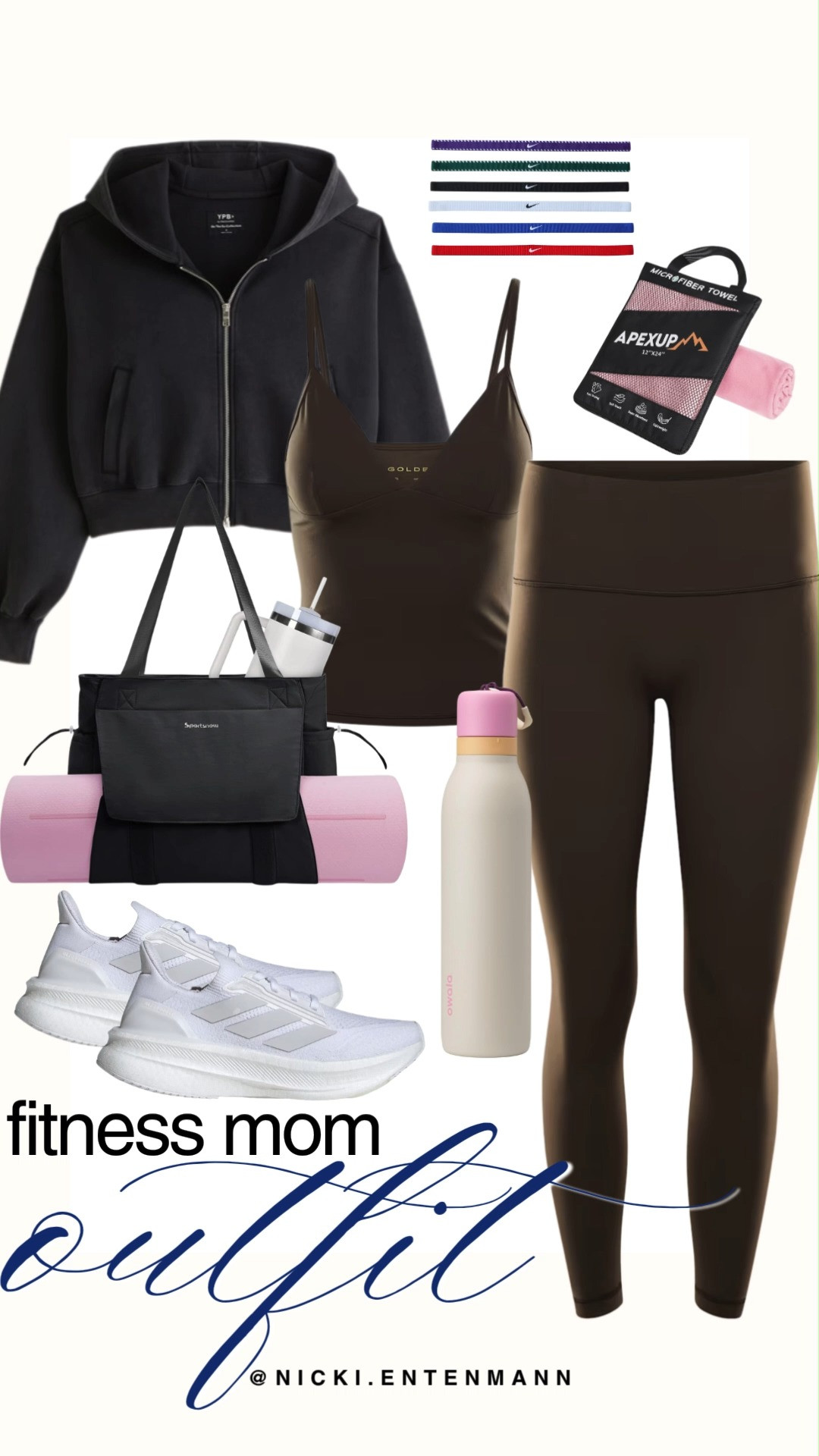 Crush your daily workout in style with this active fitness mom outfit featuring rich chocolate brown high-waisted leggings, a matching cami sports tank, and a relaxed black zip-up hoodie. Complete the look with crisp white Adidas athletic sneakers, a black gym tote carrying a pink yoga mat, an Owala water bottle, Nike athletic headbands, and a pink microfiber towel. It is the perfect blend of performance, functional gear, and sleek athleisure style.

#fitnessmom #activewear #workoutoutfit #athleisure #gymstyle #momstyle #fitmom #outfitinspiration 

 #LTKfitnessgoals #LTKActive #LTKSaleAlert