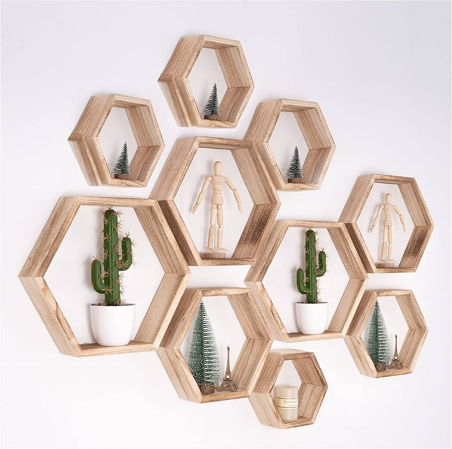 Hexagon Floating Shelves Set of 10, Honeycomb Shelves Wall Mounted Wood Farmhouse Storage Wall Sh... | Amazon (US)