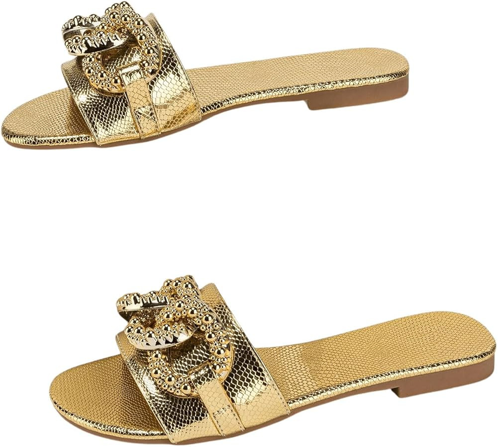 Verdusa Women's Slip On Flat Sandals Metallic Flat Summer Sandals | Amazon (US)