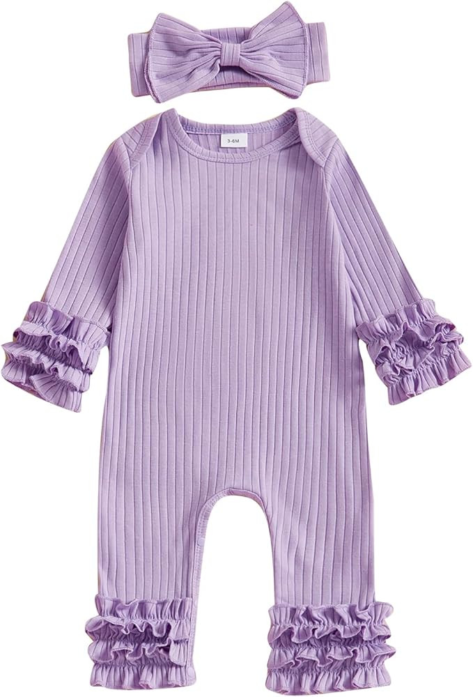Newborn Baby Girl Clothes Jumpsuit Ruffle Romper Bodysuit Pants Headband One-Piece Coming Home Ho... | Amazon (US)