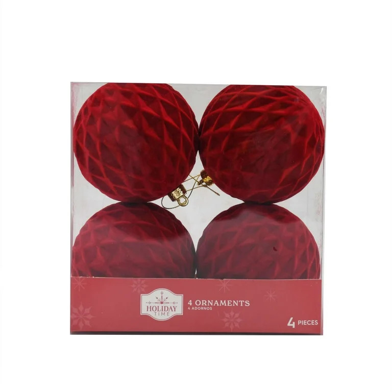 Red Flocked Ornaments, 4 Count, 6.75 in, by Holiday Time | Walmart (US)