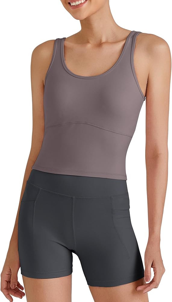 G4Free BareFeel Built in Bra Workout Tank Tops Removable Padded Longline Sports Bras Waist Length... | Amazon (US)