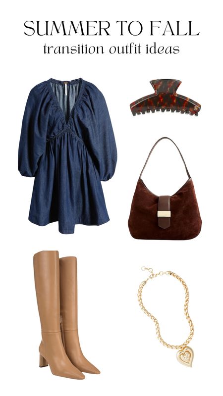 5 Summer to Fall Transition Styles
Free People Long sleeve denim babydoll minidress, suede and leather shoulder bag, knee high boots, tortoise shell claw clip, gold maxwell heart pendant necklace 


#LTKSeasonal