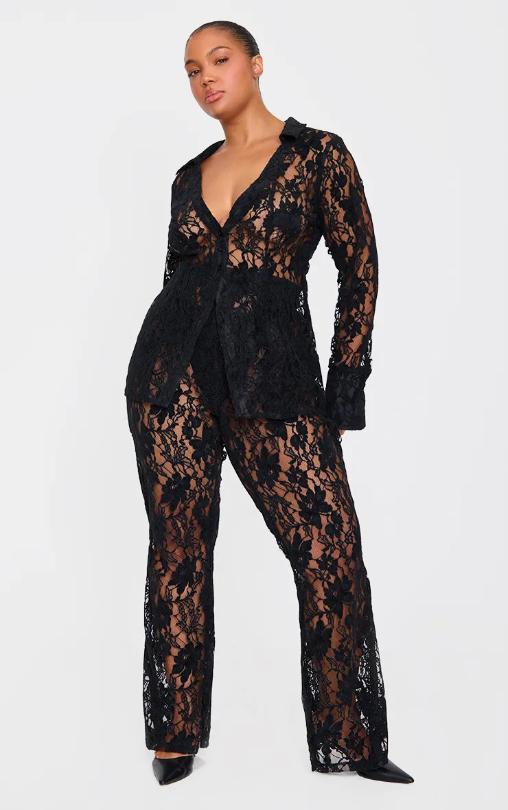 Plus Black Sheer Lace Trousers | PrettyLittleThing UK