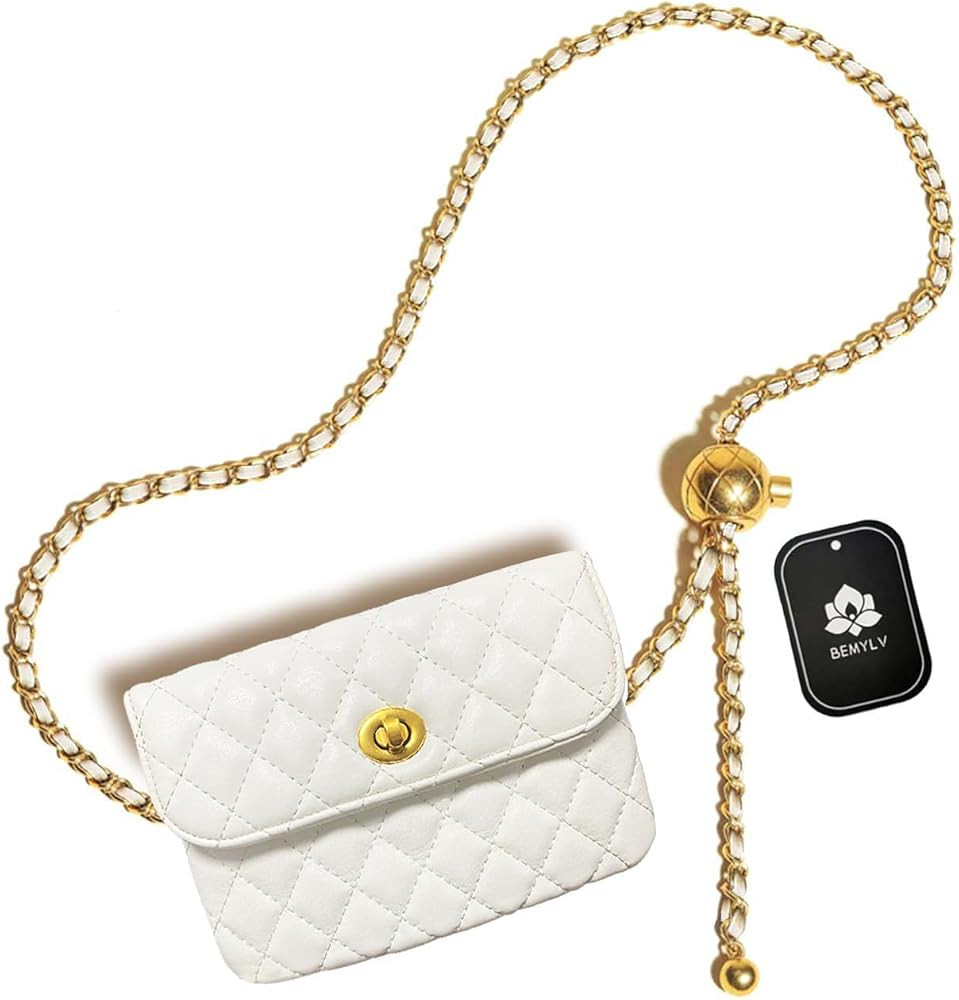 Leather Chain Belt Bag for Women White Crossbody Waist Purse Fanny Pack Fashion Evening Clutch Ha... | Amazon (US)
