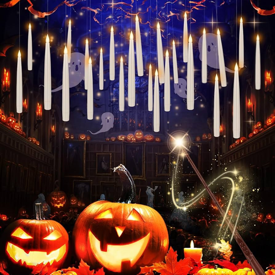 24 Pcs Halloween LED Magic Hanging Floating Candles, Taper Flickering Flameless with 2 Magic Wand... | Amazon (US)