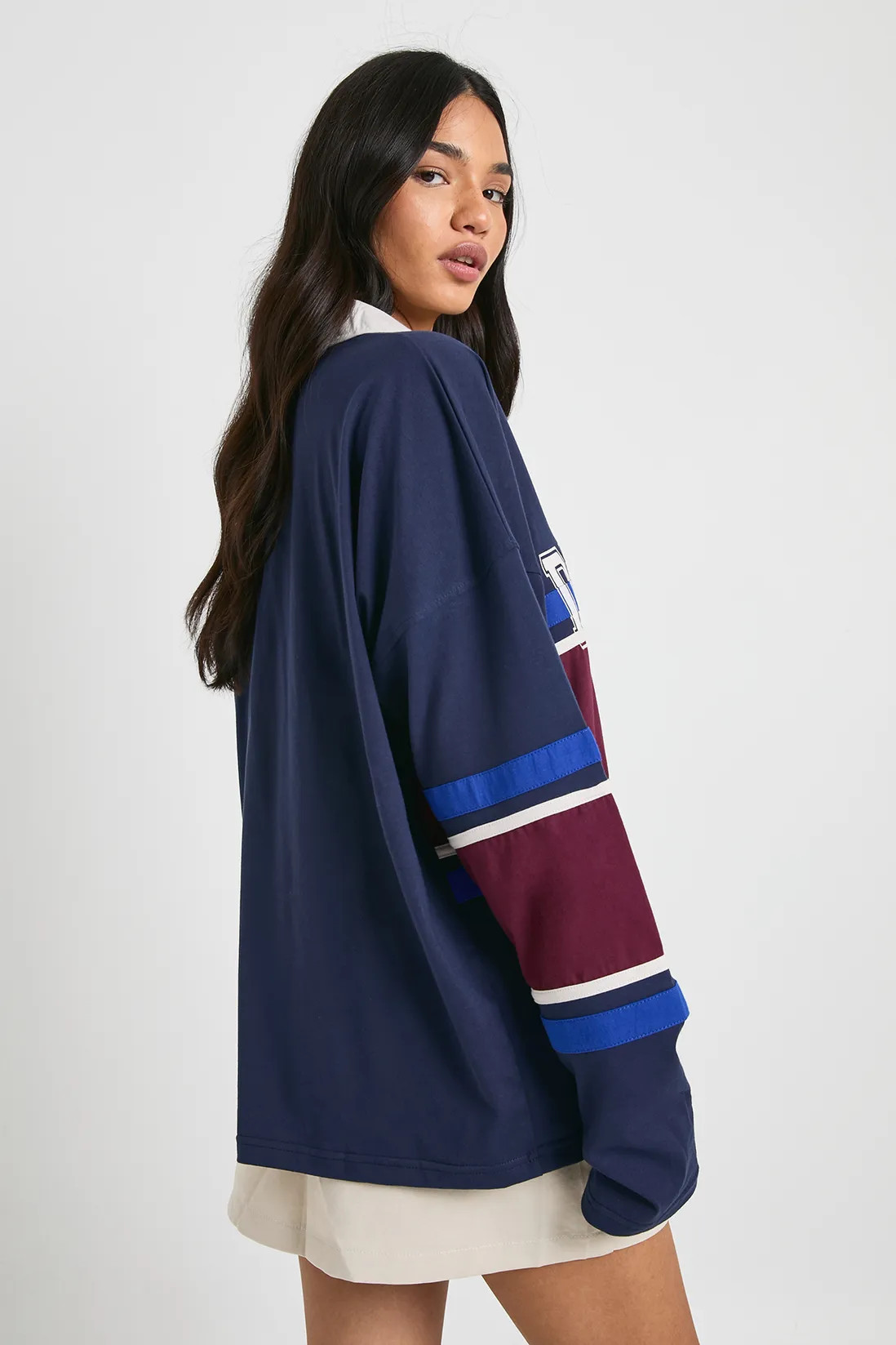 Varsity Graphic Front Contrast Rugby Top | Boohoo.com (UK & IE)