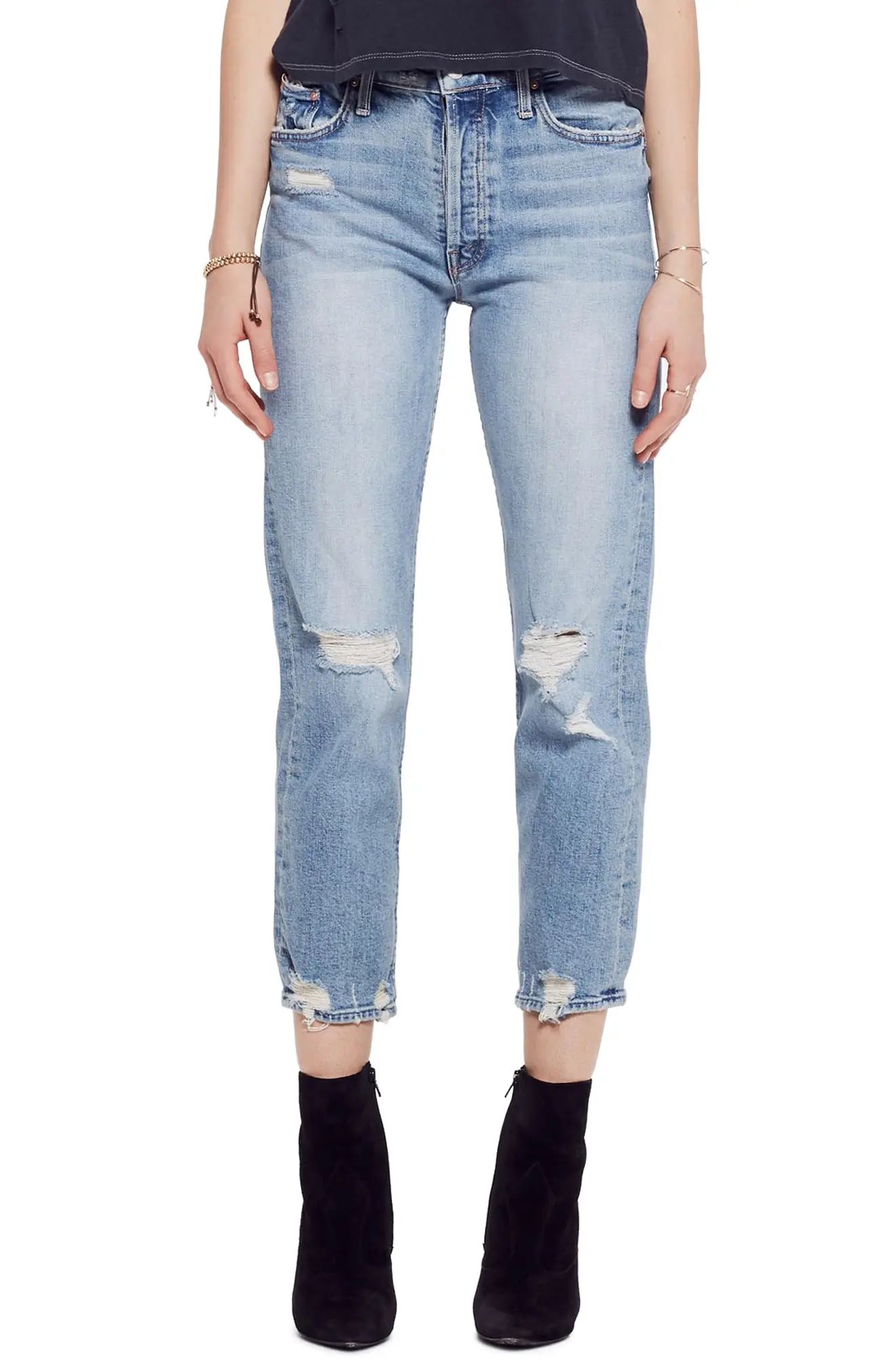 MOTHER The Tomcat Ripped Crop Straight Leg Jeans in The Confession at Nordstrom, Size 24 | Nordstrom