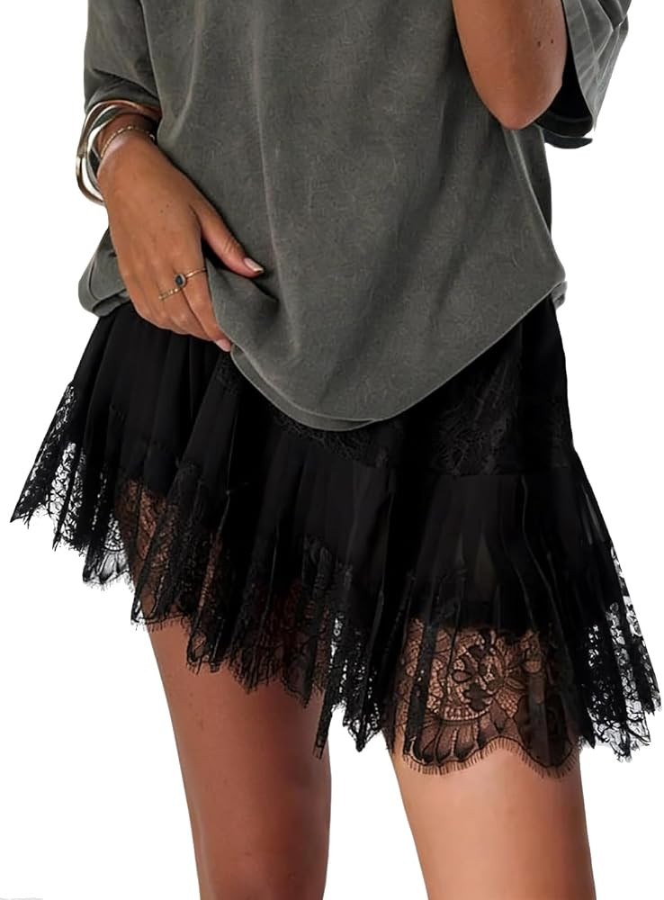 JURIS Women Lace Slip Skirt Low Rise Y2k Layered Pleated Ruffle Flowy Skirt Mesh Mini Underskirt | Amazon (US)