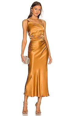 Shona Joy Alma Asymmetrical Bias Cowl Midi Dress in Turmeric from Revolve.com | Revolve Clothing (Global)