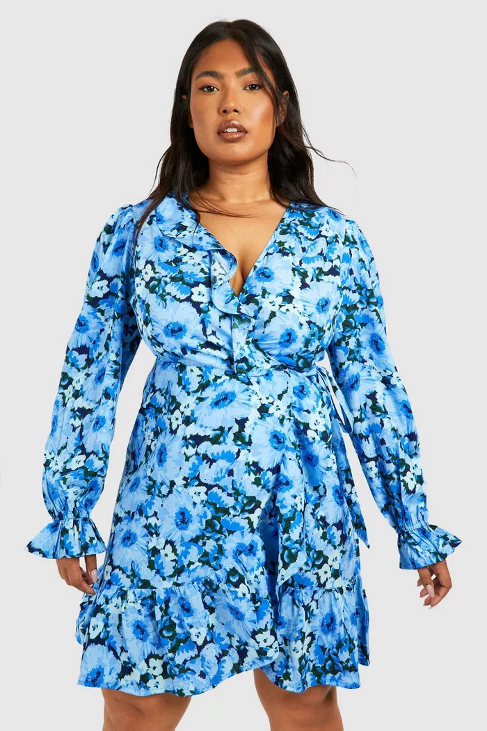Plus Printed Ruffle Wrap Dress | boohoo (US & Canada)