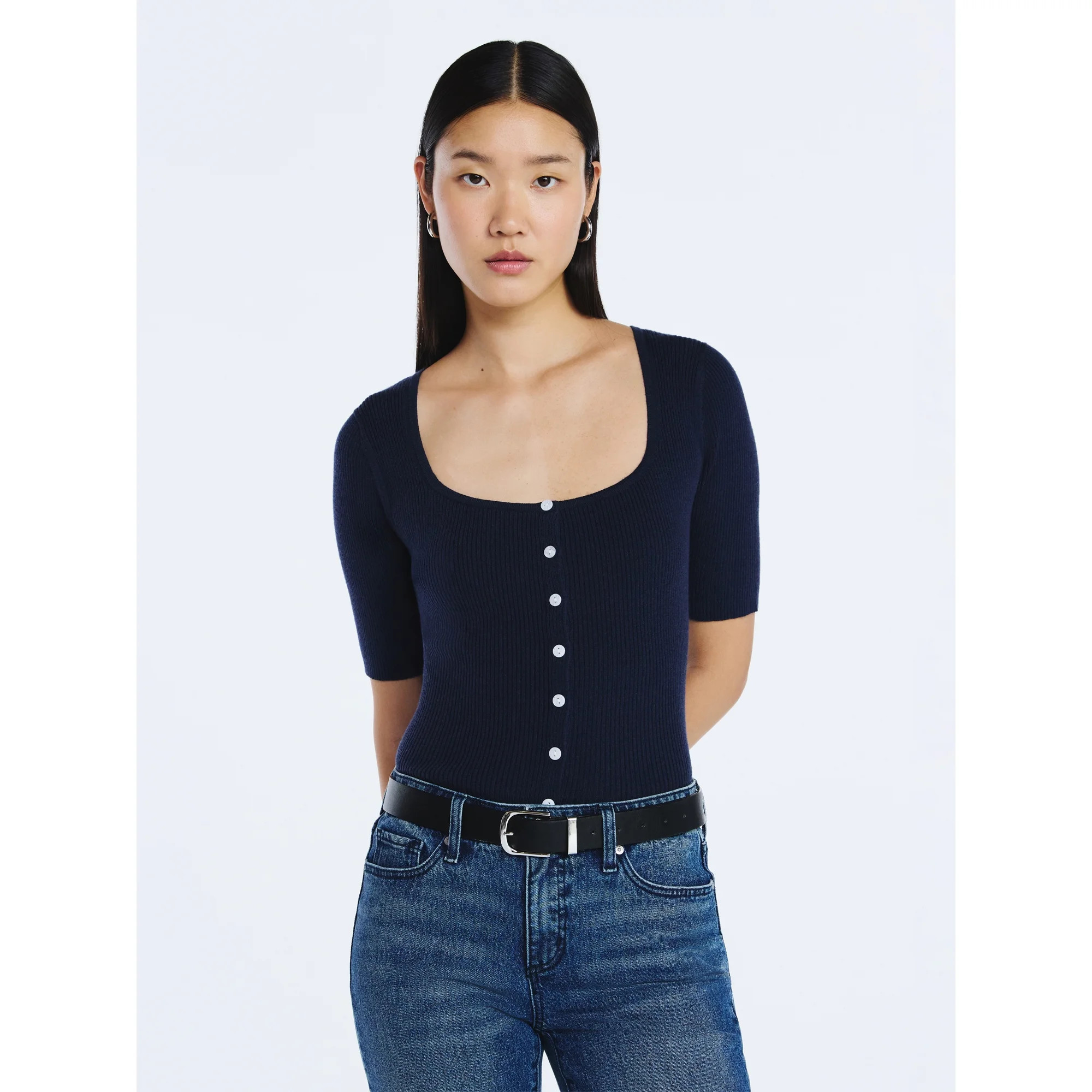 Scoop Women's Square Neckline Cardigan Sweater with Short Sleeves, Lightweight, Sizes XS-XXL | Walmart (US)