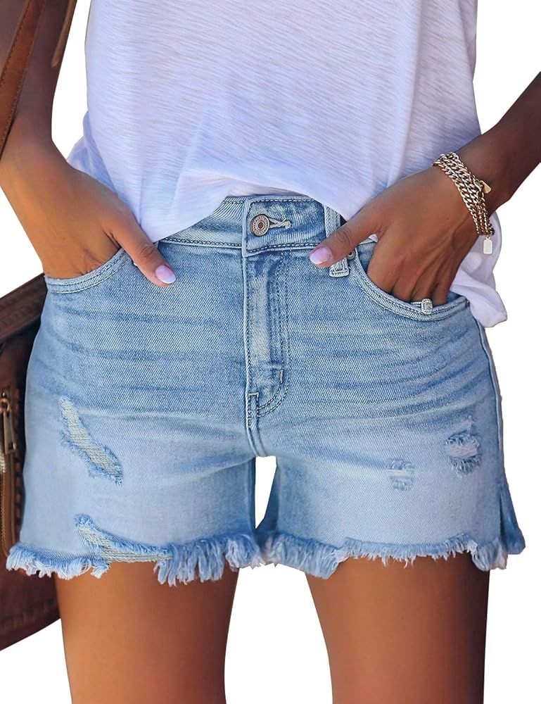 Lookbook Store Women's Casual High Waist Ripped Frayed Raw Hem Denim Jeans Shorts | Amazon (US)