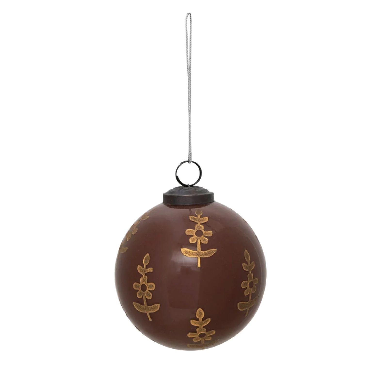 Brown Glass Ornament with Gold Flower Etching | Brooke and Lou