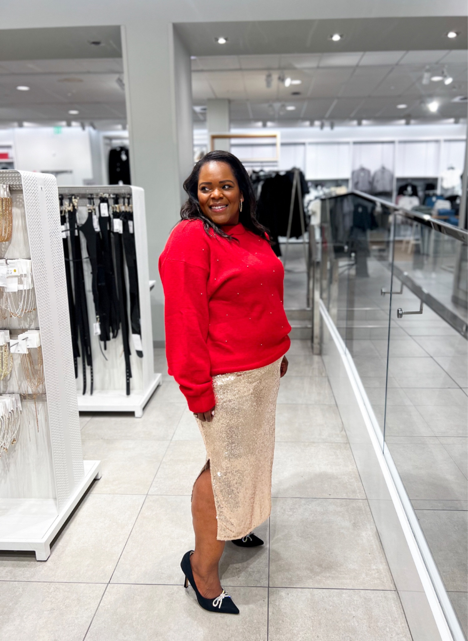 The Holiday look you need from H&M! Wearing a XL in sequin gold skirt and red beaded sweater - for all the Holiday parties! 

#LTKparties #LTKfindsunder50 #LTKHoliday