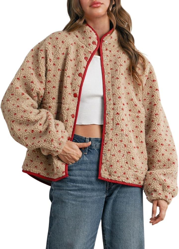 Joiemont Womens Fluffy Fleece Jacket Snap Button Teddy Fleece Puffer Jacket Winter Heart Print Sh... | Amazon (US)