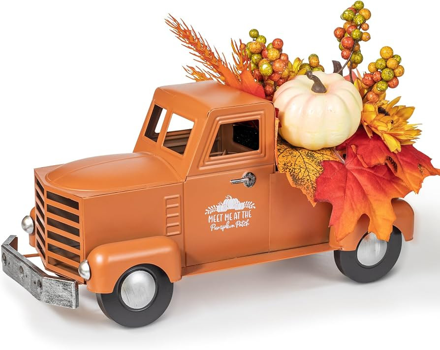 KI Store Fall Truck Decor 12-Inch Vintage Metal Truck with Fall Pumpkin Sunflower for Halloween T... | Amazon (US)
