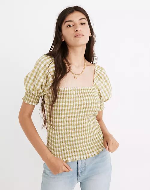 Lucie Puff-Sleeve Smocked Bodice Top in Gingham Check | Madewell