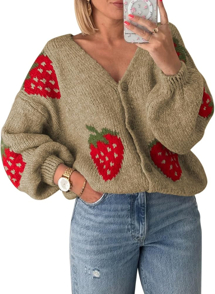 Women Strawberry Cardigan Trendy Button Down V Neck Sweater Cute Cherry Embroidered Knit Cardigan... | Amazon (US)