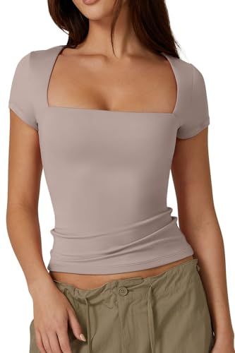 QINSEN Crop Tops for Women Square Neck Short Sleeve T Shirts Summer Y2K Going Out Top, Crystal Gr... | Amazon (US)