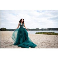 Emerald Green Tulle Wedding Dress Beaded Lace, Detachable Train | Etsy (US)