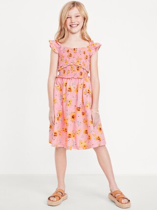 Printed Flutter-Sleeve Smocked Fit and Flare Dress for Girls | Old Navy (US)