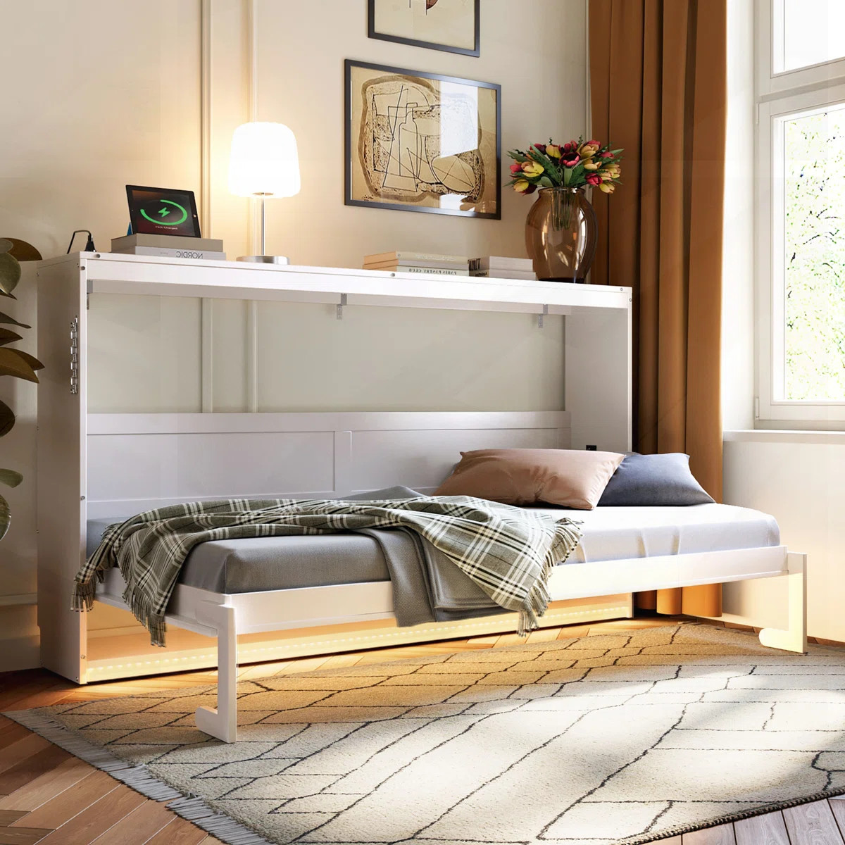 Twin-Size Modern Side-Folding Murphy Bed With Trendy Printed Pattern, LED Under-Bed Lighting & Bu... | Wayfair North America