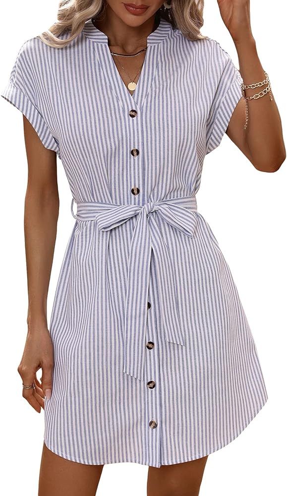 Floerns Women's Striped Print Notched Neck Button Short Sleeve Belted Shirt Dress | Amazon (US)