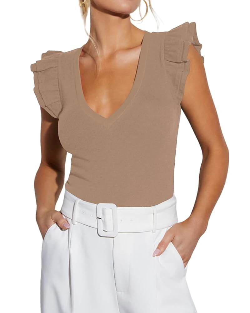 Ezbelle Women's Summer Sleeveless Tops V Neck Ruffle Shirts Ribbed Knit Tank Top Sexy Blouse Ladi... | Amazon (US)