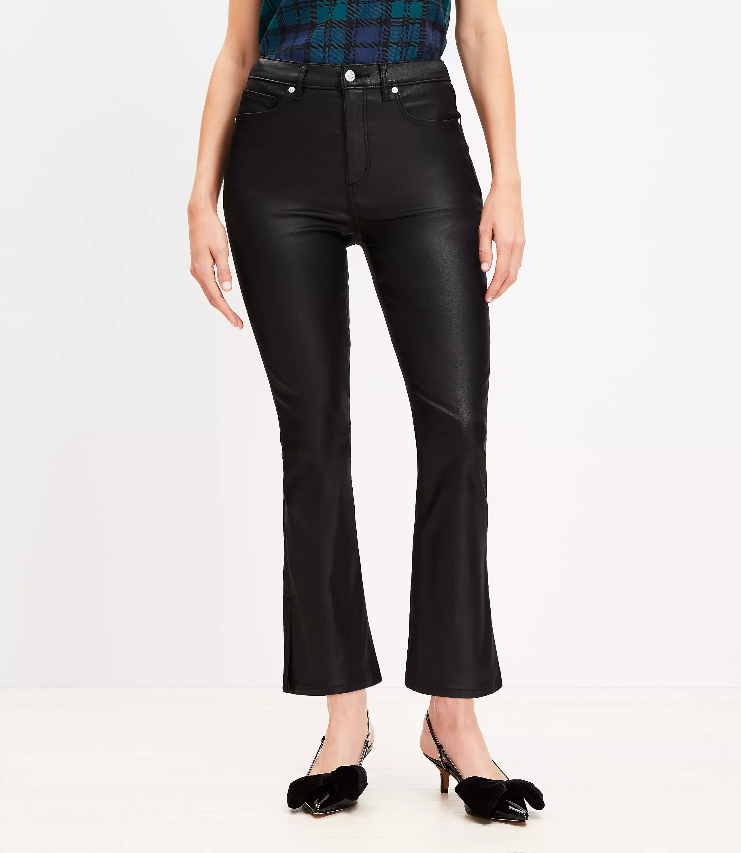 Curvy Coated Side Slit High Rise Kick Crop Jeans in Black | LOFT