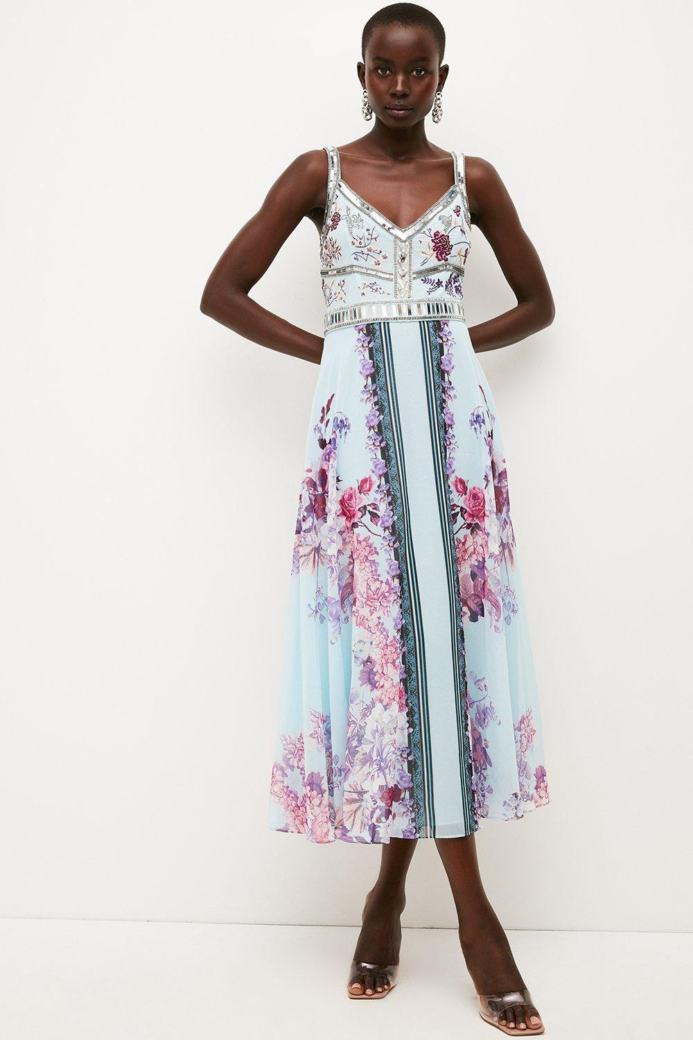 Mirrored Floral Bead & Embroidered Woven Maxi | Karen Millen UK & IE