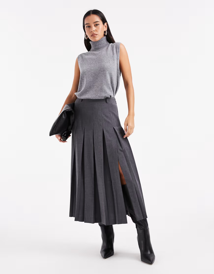 ASOS DESIGN tailored pleated midi skirt in charcoal-Grey | ASOS (Global)