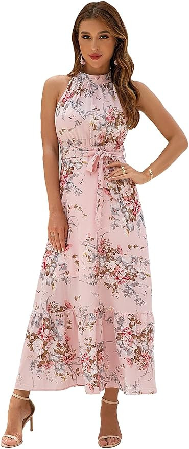 Floerns Women's Floral Print Sleeveless Halter Neck Belted Maxi Dress | Amazon (US)