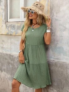LocalBrillora Women's Spring/Summer Solid Ruffle Hem Round Neck Short-Sleeve Dress Summer Dresses... | SHEIN