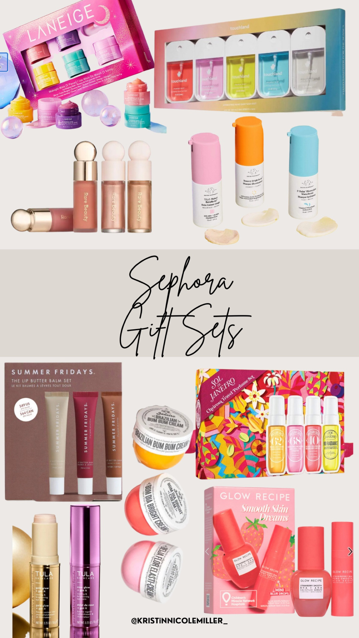 Sephora gift sets, rare beauty picks, touch land, hand sanitizer, drunk elephant, laneige lip mask, summer Fridays lip balm, sol de janeiro bum bum cream, body spray, glow recipe, Tula 

#LTKbeauty #LTKSeasonal #LTKHoliday