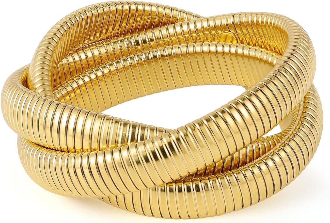 Gold Bangles Bracelet Set for Women, 18K Gold Plated Chunky Stainless Steel Non Tarnish Stretch B... | Amazon (US)