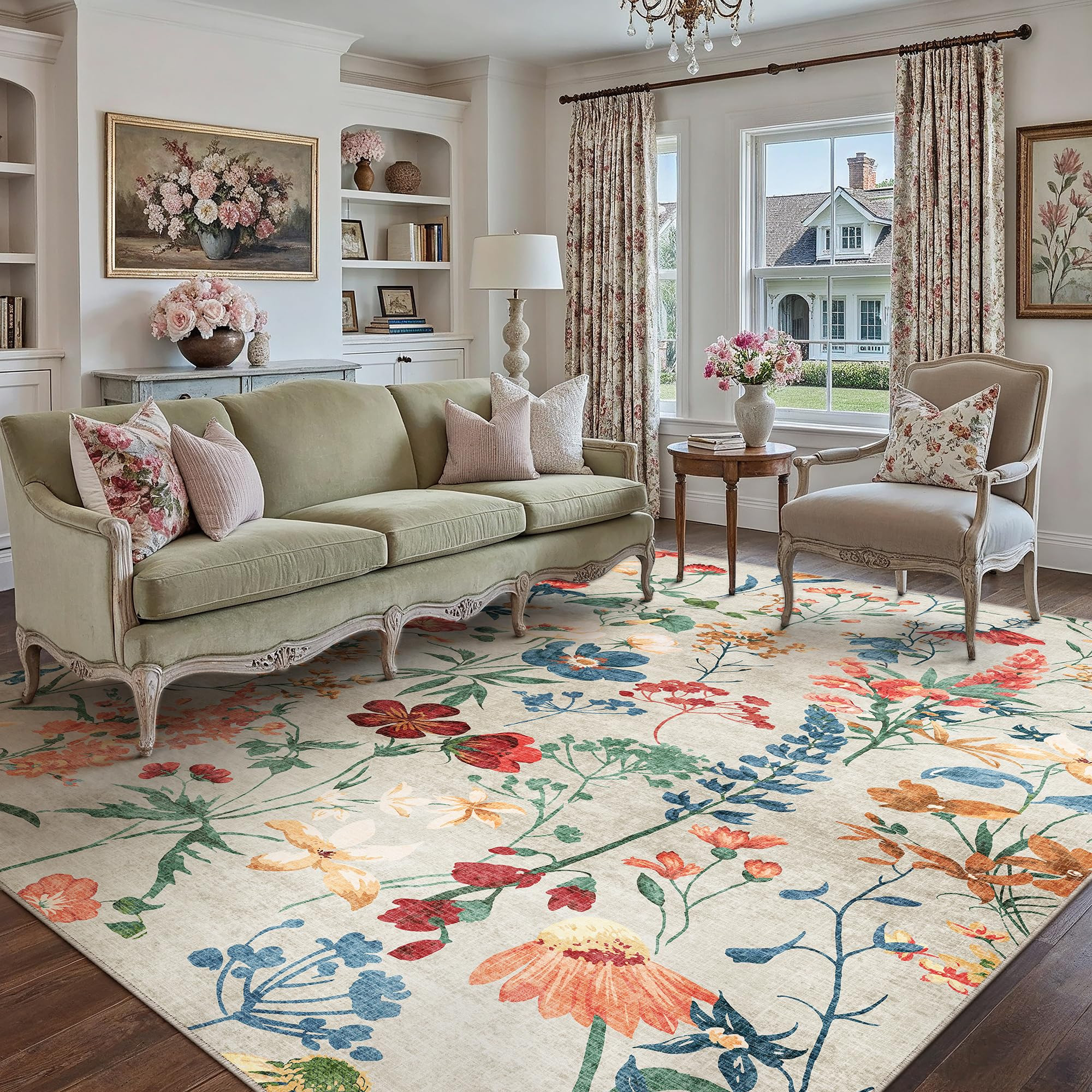 Beige Area Rug 6x9 Floral Washable Living Room Kitchen Boho Carpet Non Slip Low Pile Indoor Accen... | Amazon (US)