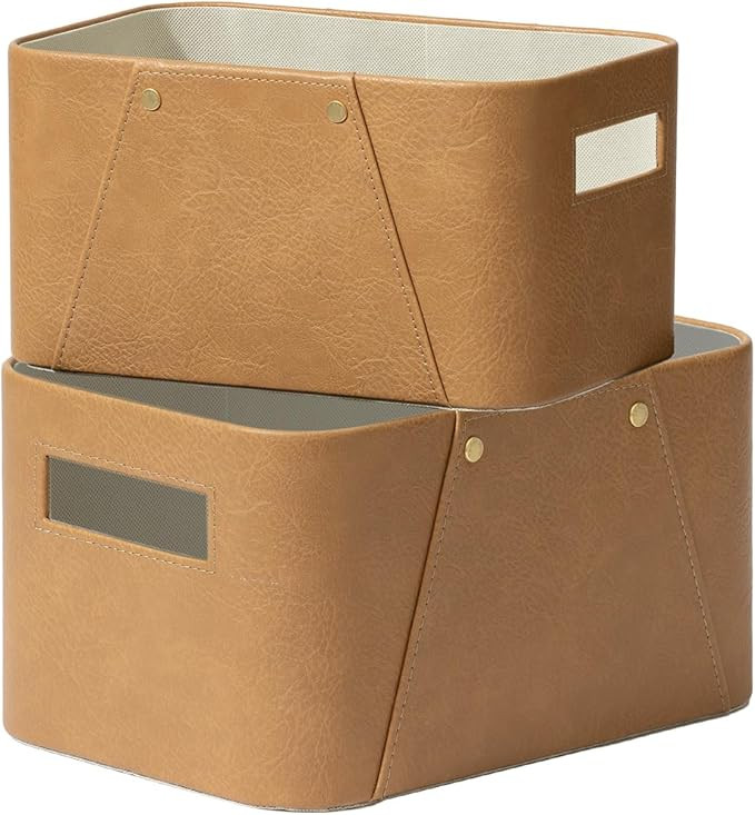 La Jolie Maison Storage Baskets for Organizing, 2 Pack, Storage Cube Boxes Luxury Brown Vegan Lea... | Amazon (US)