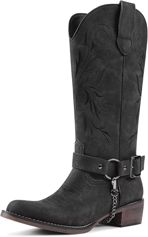Cowboy Boots Embroidered Mid Calf Removable Belt Low Block Heel Round Toe Western Boots | Amazon (US)