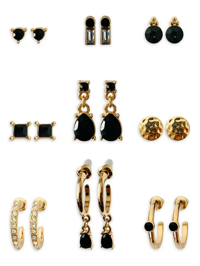 Time and Tru Black and Gold Stud and Hoop Earrings, Brass, 9 | Walmart (US)