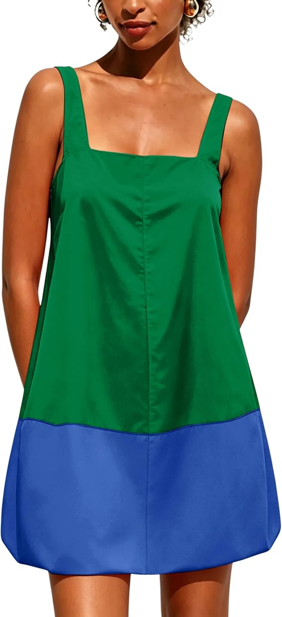 Womens Color Block Mini Dress Loose Boho Sleeveless Bubble Sundress Beach Coverups Vacation Dress... | Amazon (US)