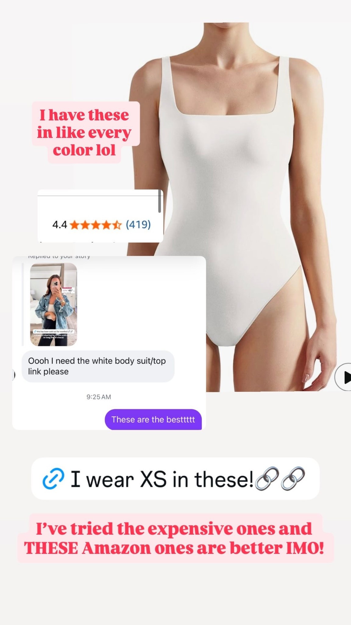 I’ve tried the expensive ones and THESE Amazon bodysuits are better IMO!  I have these in every color. I wear XS. Seamless squareneck bodysuits. 

#LTKgrwm #LTKPetite #LTKootd